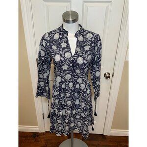 Jude Connally Navy Blue & White Floral Dress W/ Tassle Tie Sleeves, Size XS